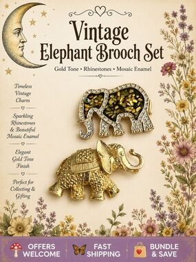 Set of 2 Vintage Elephant Brooches Gold Tone Rhinestones Mosaic Enamel